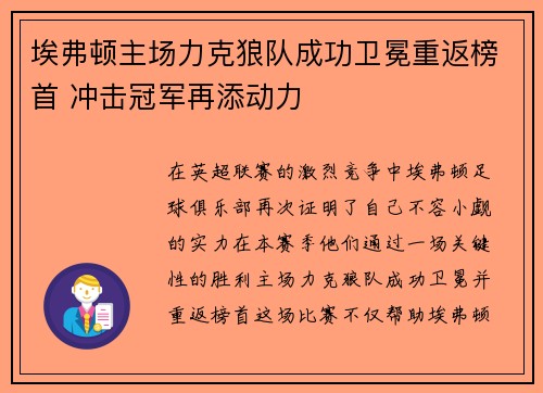 埃弗顿主场力克狼队成功卫冕重返榜首 冲击冠军再添动力