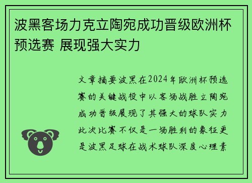 波黑客场力克立陶宛成功晋级欧洲杯预选赛 展现强大实力