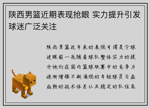 陕西男篮近期表现抢眼 实力提升引发球迷广泛关注