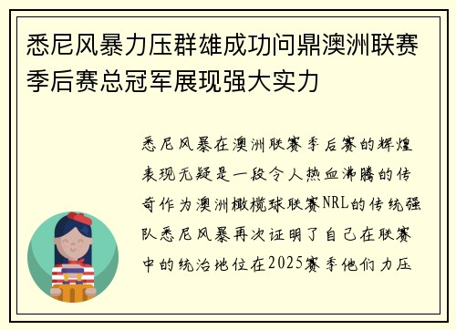 悉尼风暴力压群雄成功问鼎澳洲联赛季后赛总冠军展现强大实力