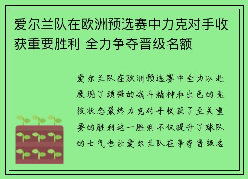 爱尔兰队在欧洲预选赛中力克对手收获重要胜利 全力争夺晋级名额