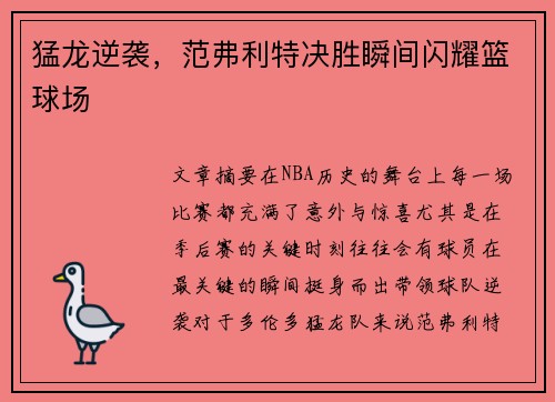 猛龙逆袭，范弗利特决胜瞬间闪耀篮球场