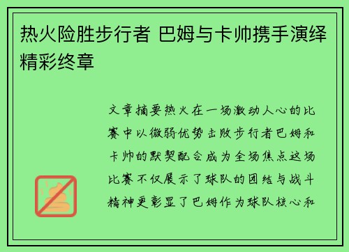 热火险胜步行者 巴姆与卡帅携手演绎精彩终章